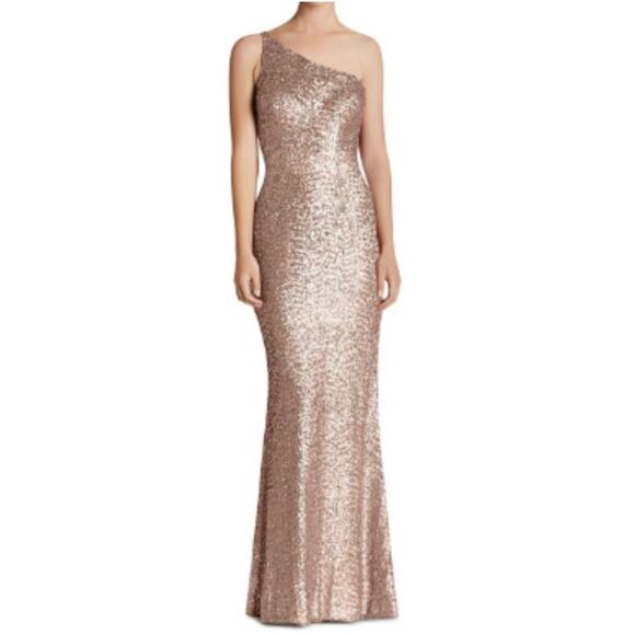 DRESS THE POPULATION Bella Ice Pink Gold Sequin One Shoulder Gown Womens Size XS - Picture 16 of 16